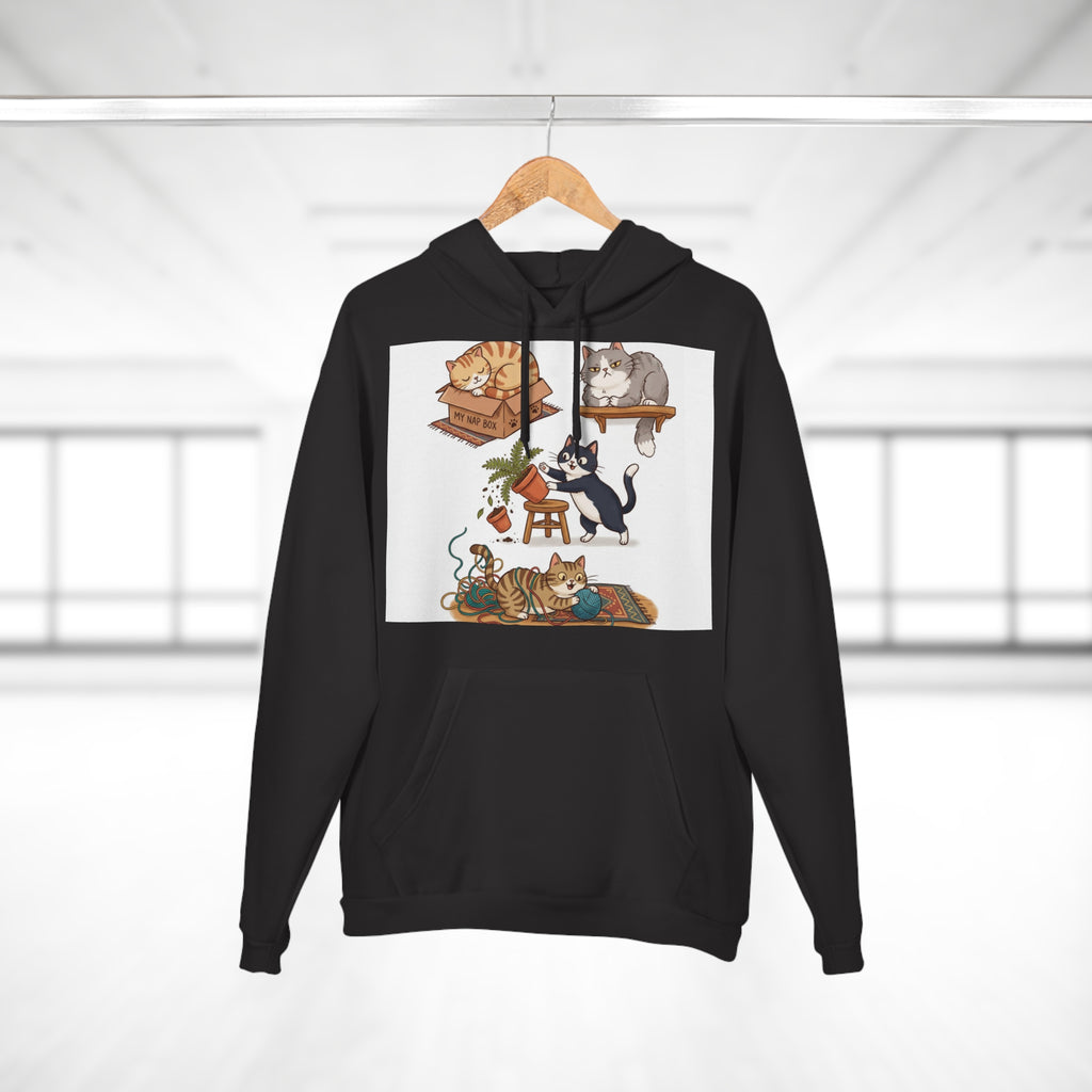 Black hoodie with cat-themed graphic on a hanger against a white background